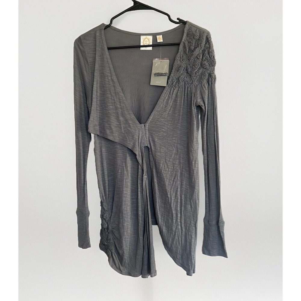 Anthropologie Ric Rac NWT Gray‎ Asymmetrical Cardigan S Beaded Fairy Dainty